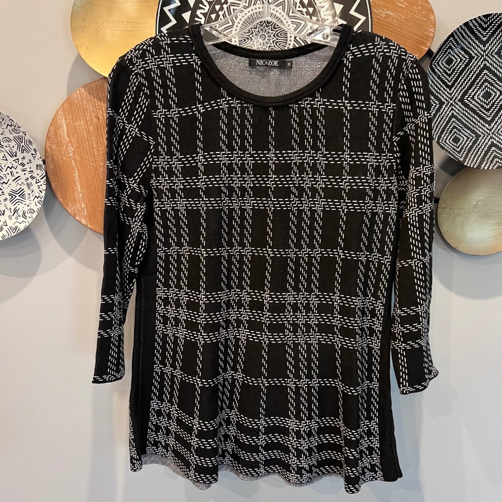 Nic+Zoe Womens Black White Grid Plaid 3/4 Sleeve Knit Sweater Top Size M